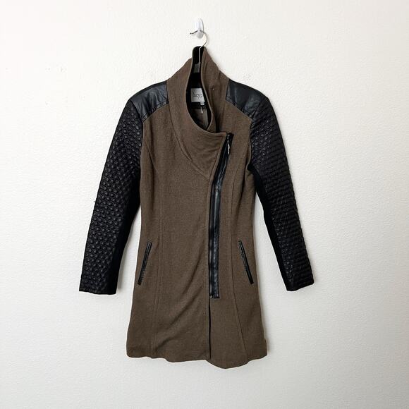 [Lucy Paris] Olive Green Black Mixed Media Wool Faux Leather Jacket Size Small S - Picture 9 of 11